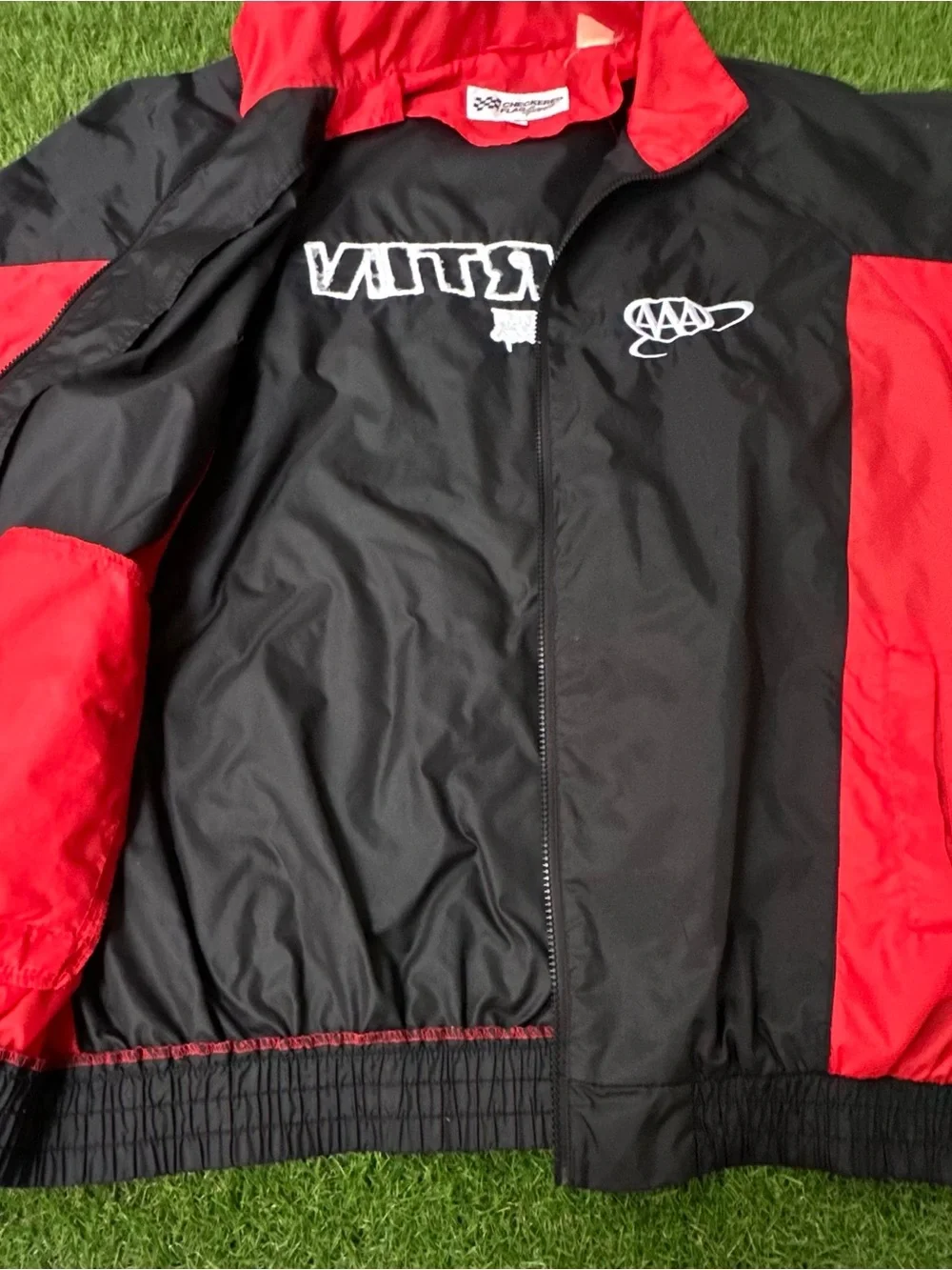 Vintage Checkered Flag Sports NASCAR Racing Windbreaker Jacket Black Red Men’s